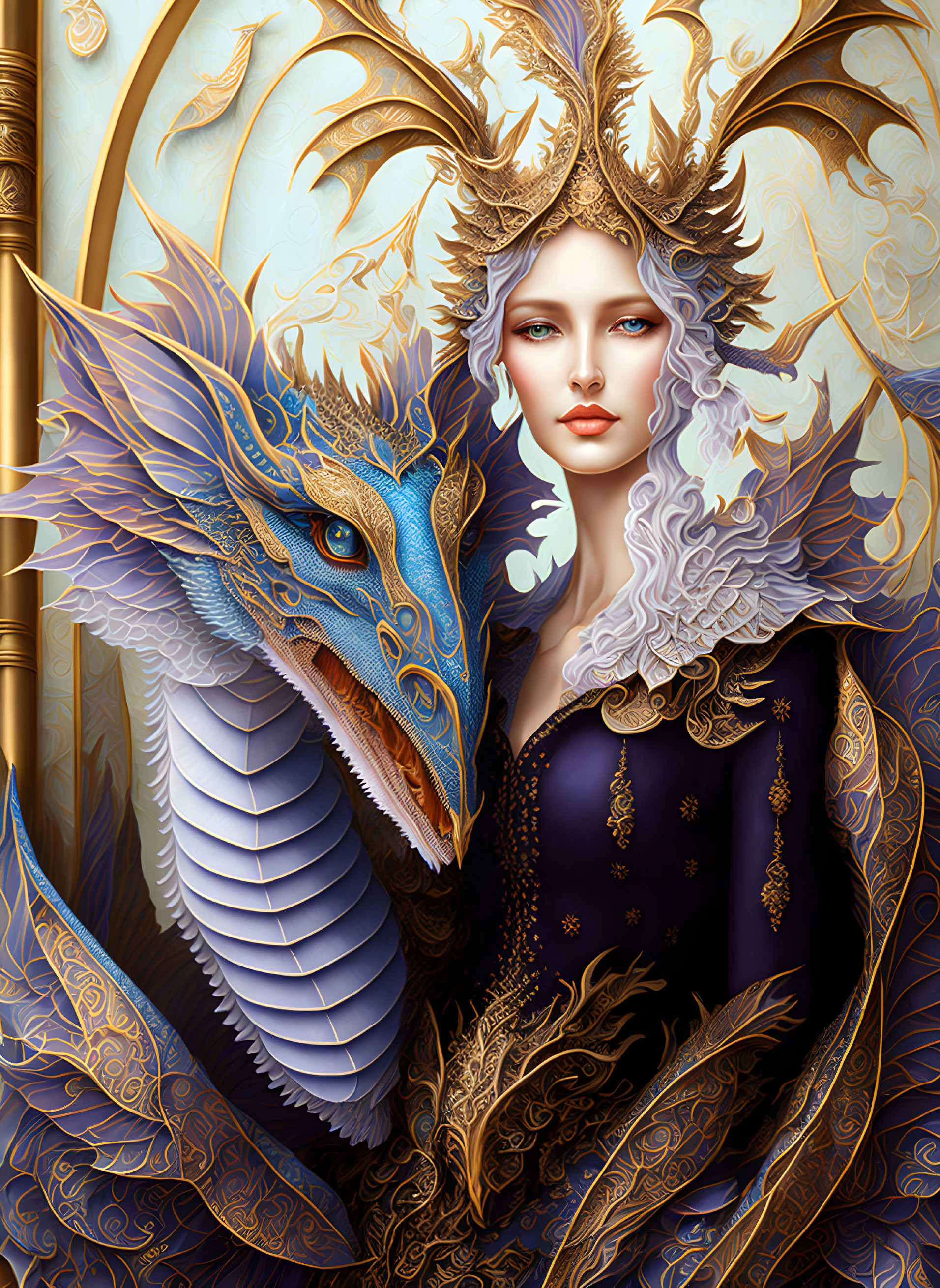 Regal woman and blue dragon in ornate fantasy scene