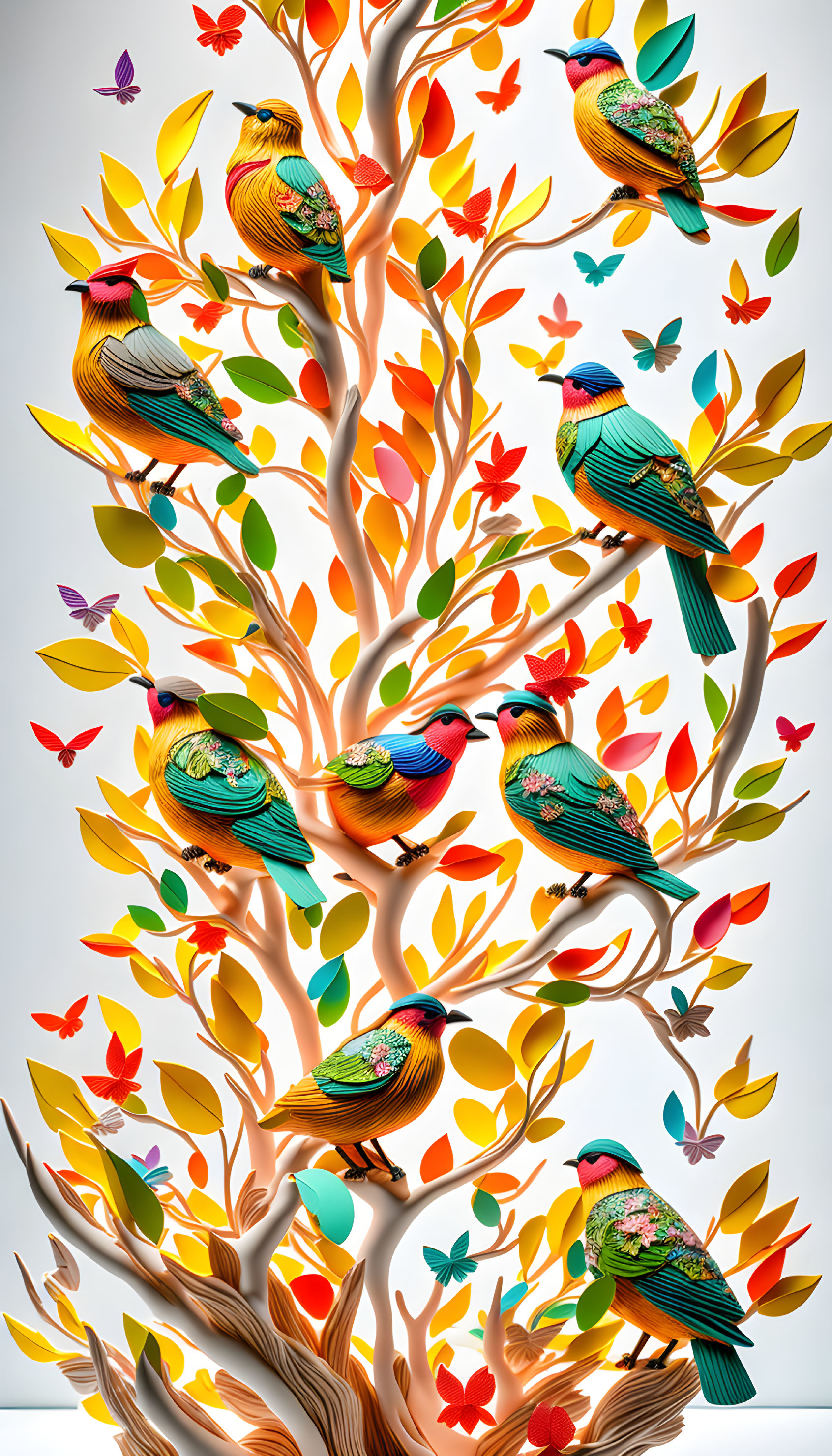 Vibrant paper art of tree, birds, and butterflies