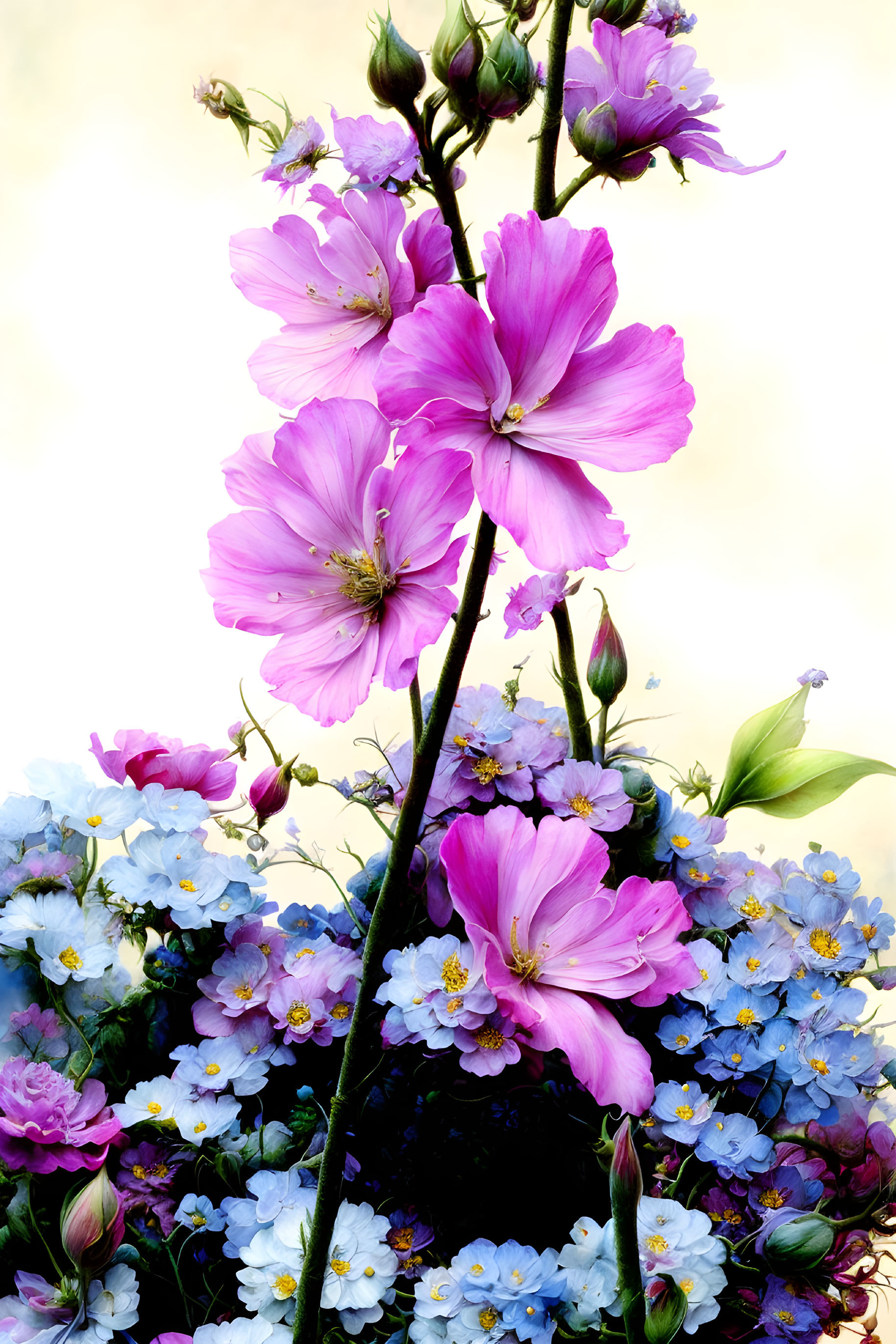 Colorful Cluster of Pink and Light Blue Flowers on Warm Background