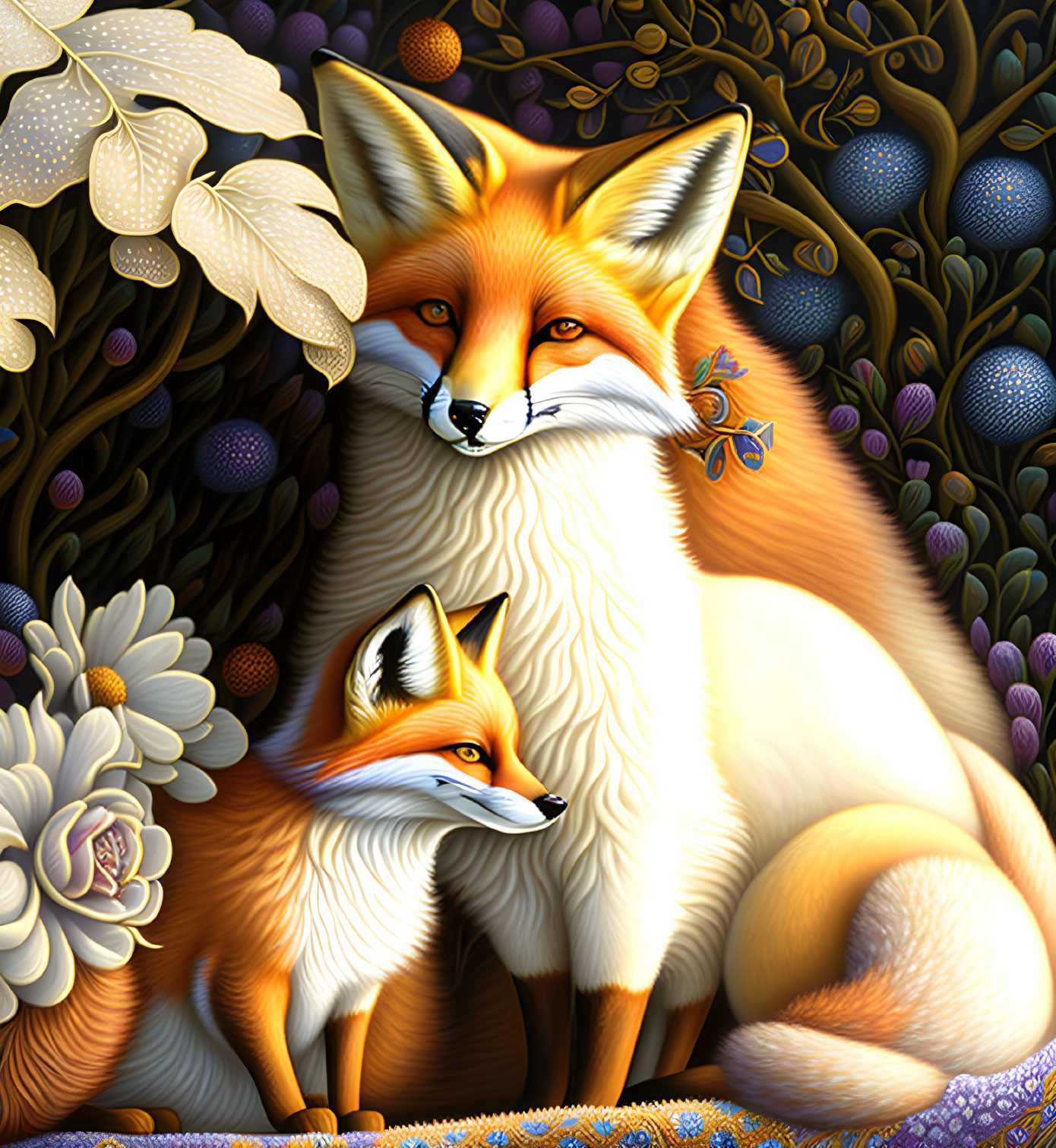 Vibrant illustration of two stylized foxes with intricate patterns and lush flora