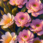 Colorful digital illustration of pink, orange, and white flowers with green stems