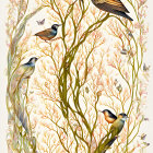 Six starlings on delicate pink flower branches against pale background