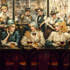 Sophisticated bar scene with men in top hats and tails in warmly lit interior