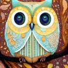 Stylized owl illustration with expressive blue eyes and intricate feathers