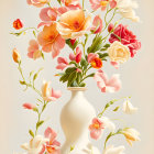 Peach-Colored Roses Still Life Painting in White Vase