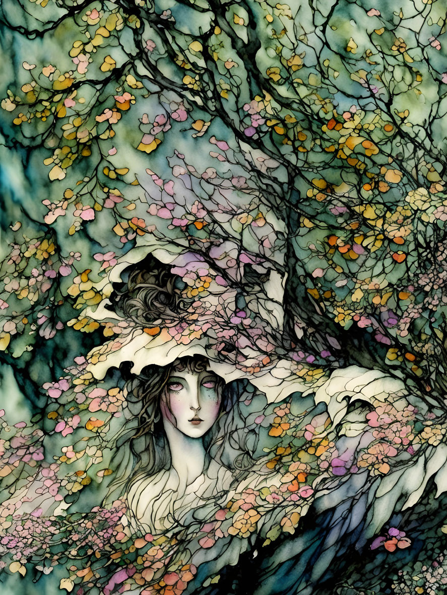 Illustration of woman merged with floral tree in ethereal style