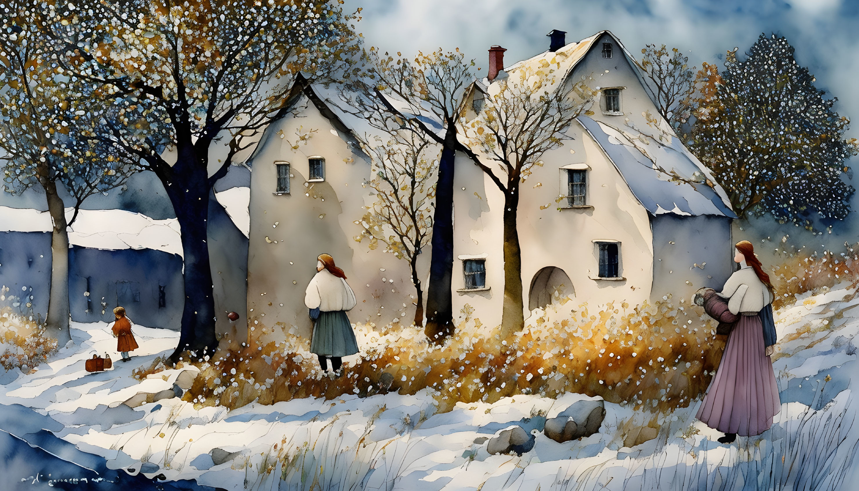 Winter landscape with traditional house, snowman building, and two figures.