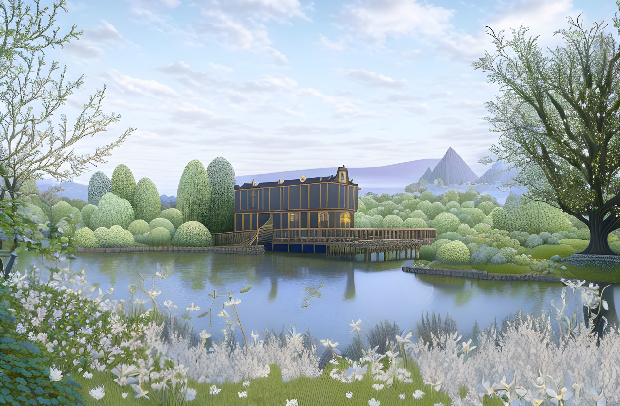 Tranquil landscape with wooden house by lake, lush greenery, mountains, and clear sky