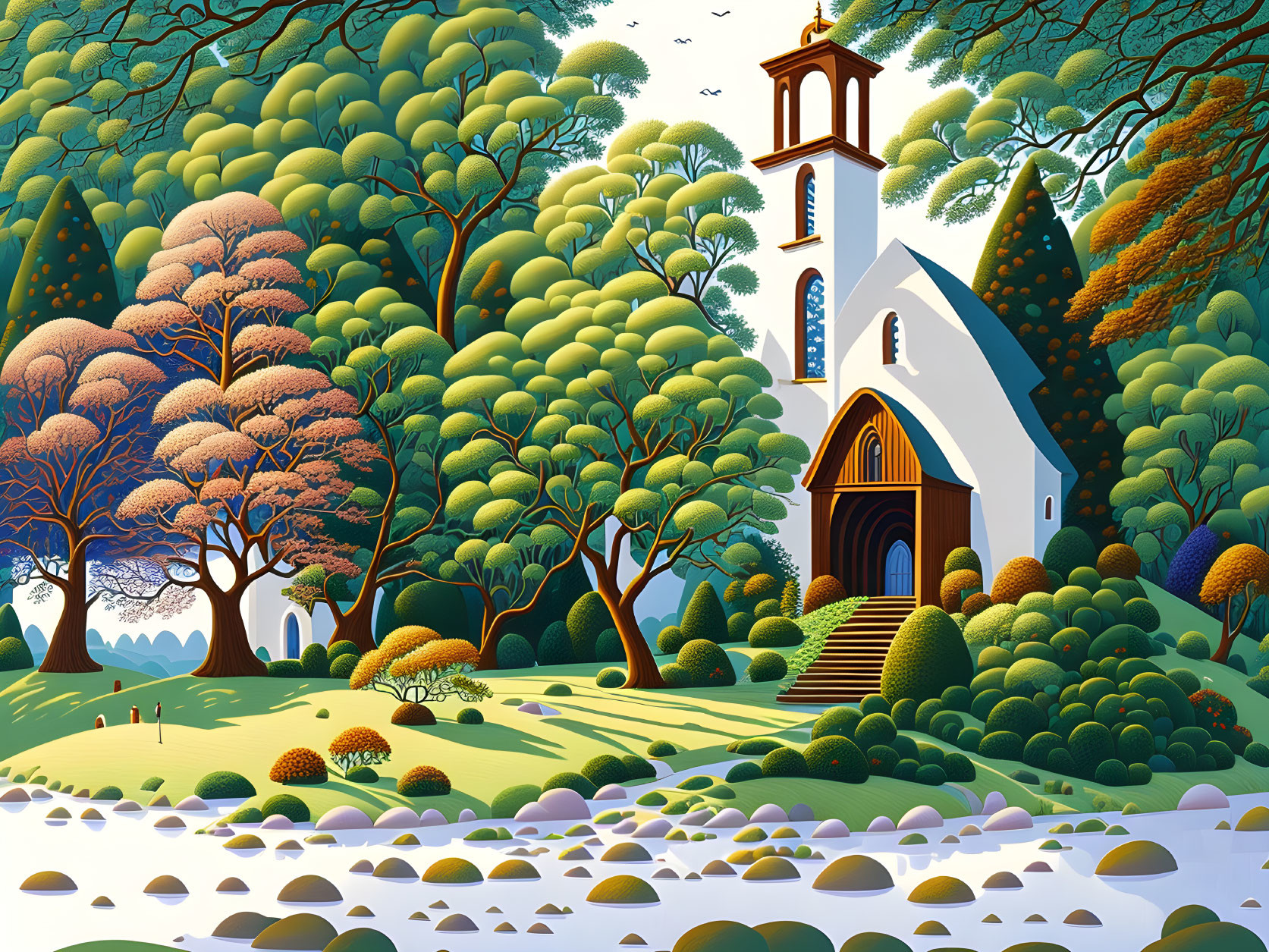 Tranquil church in lush landscape with river and clear sky