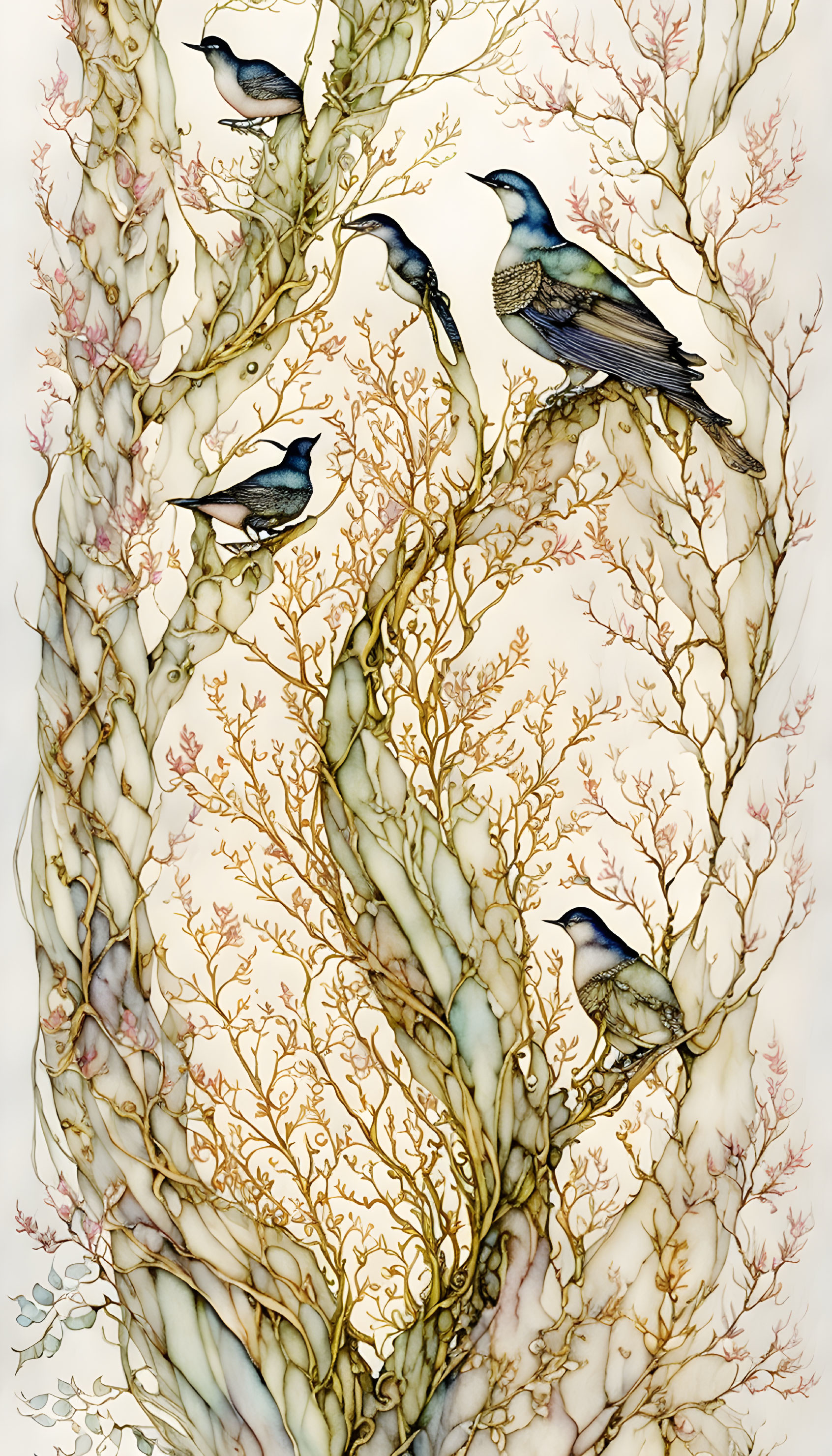 Six starlings on delicate pink flower branches against pale background