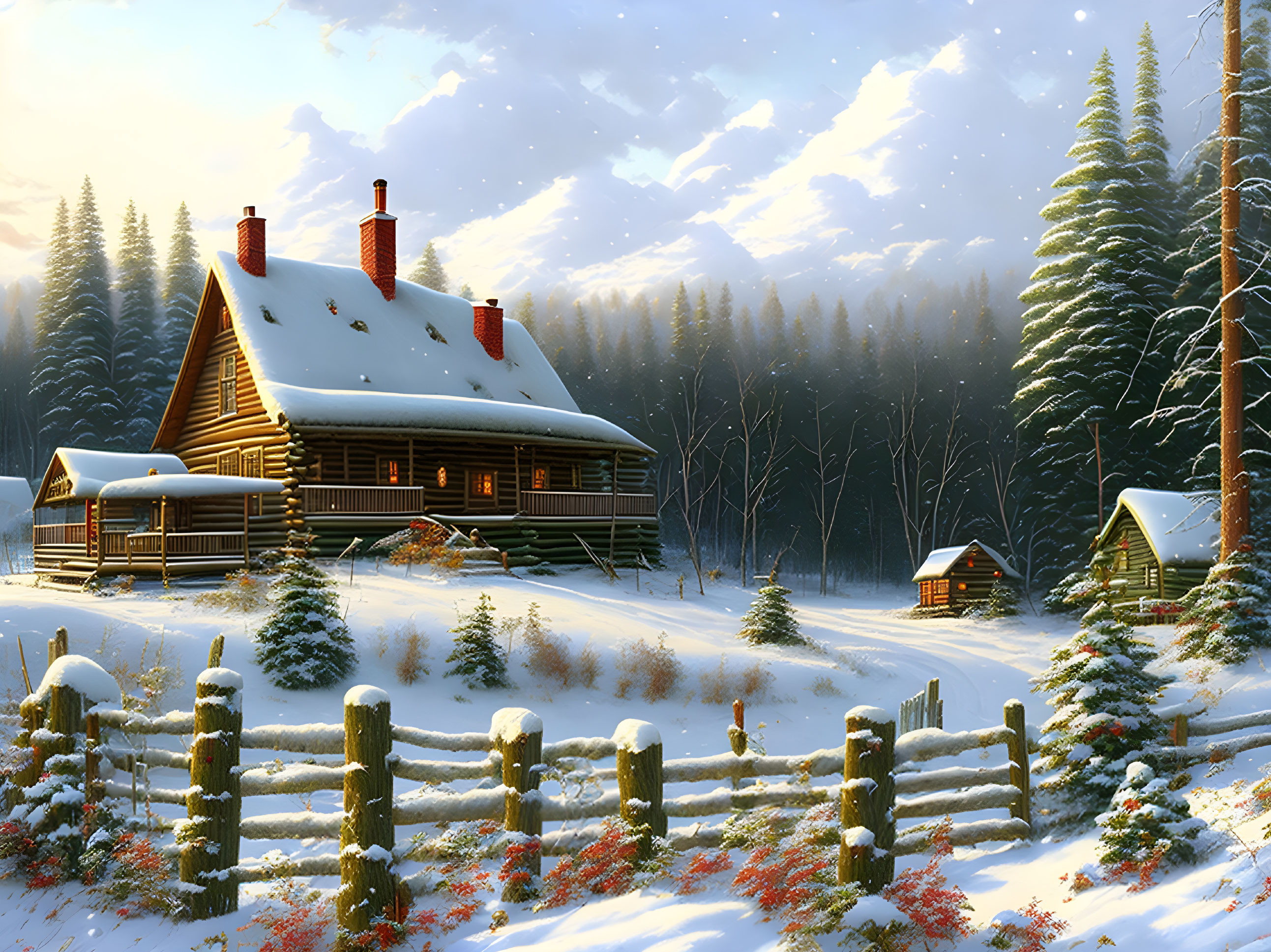 Snow-covered log cabin in serene winter landscape