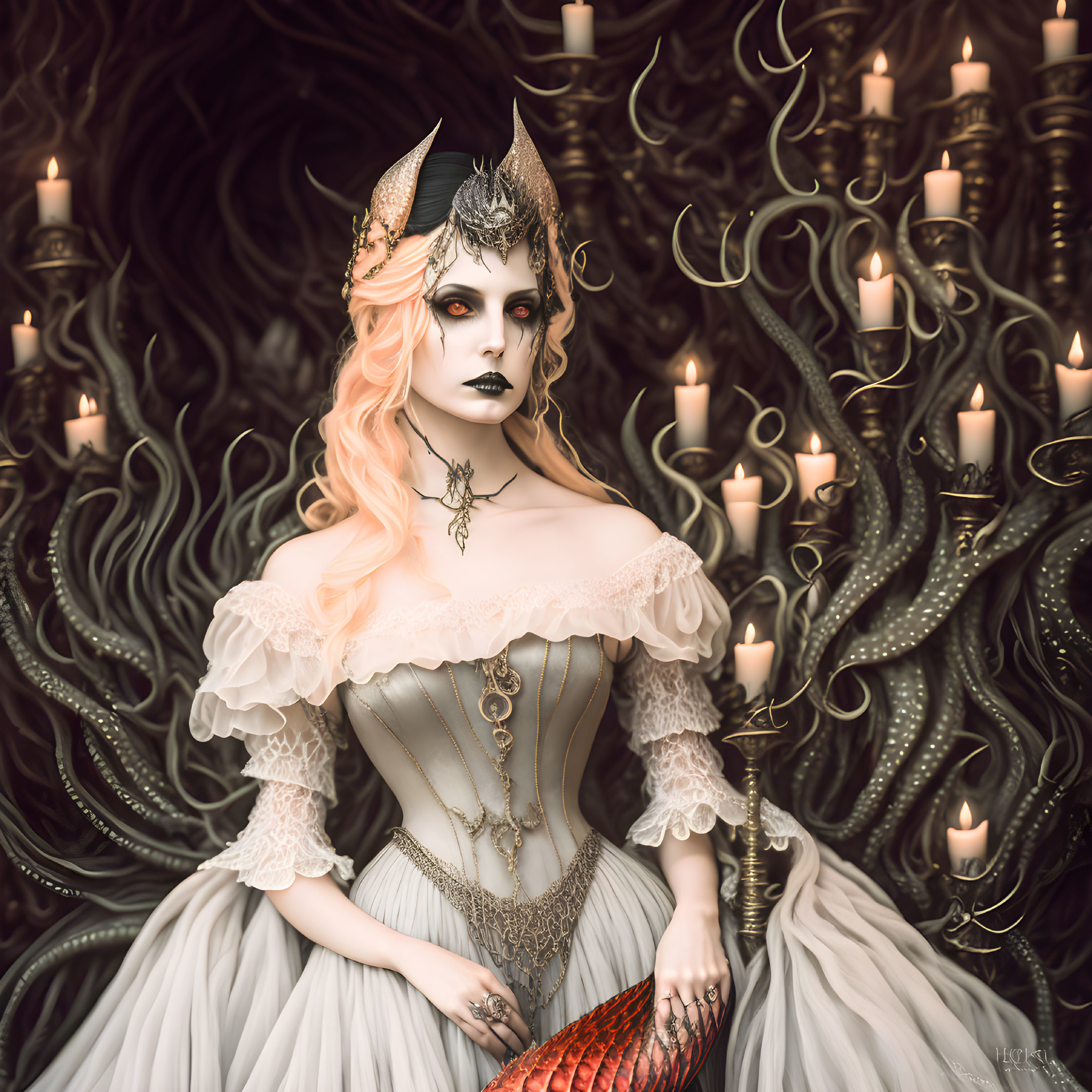 Dark Fantasy Art: Female Character with Horns, Eerie Crown, Tentacles, Candles,