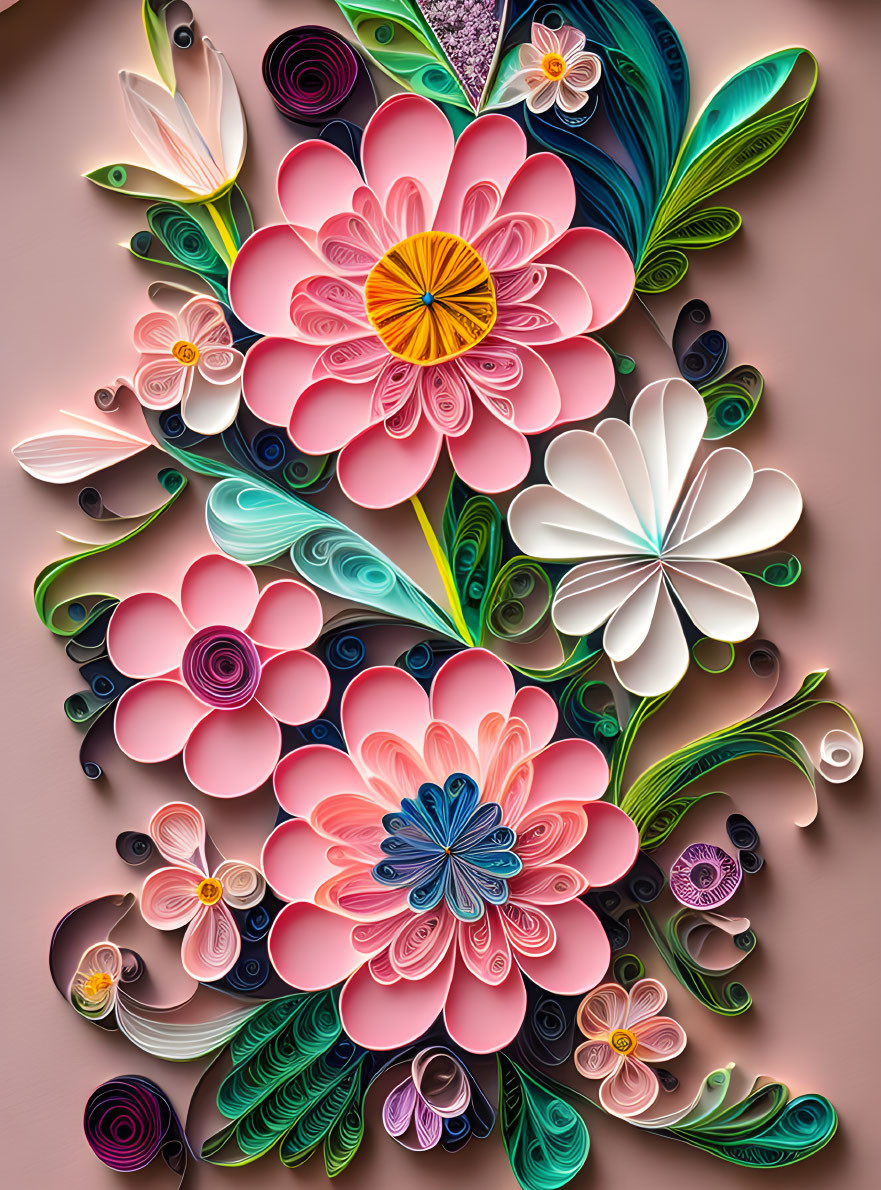 Colorful Floral Paper Quilling Artwork on Beige Background