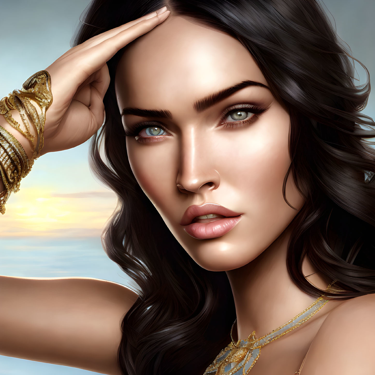 Close-up digital portrait: Woman with dark hair, blue eyes, gold jewelry, serene seascape.