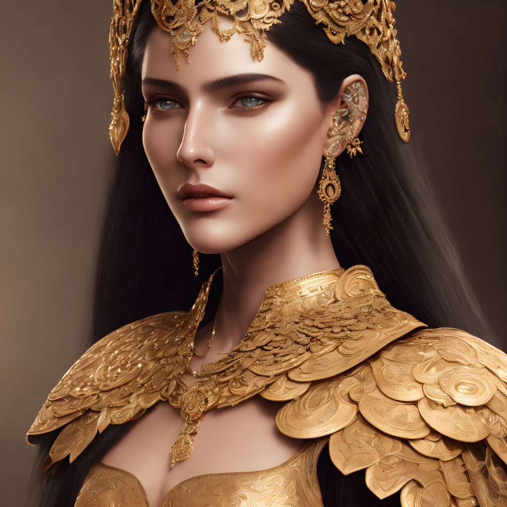 Digital artwork featuring woman with striking blue eyes and intricate golden jewelry and shoulder armor resembling feathers or scales.