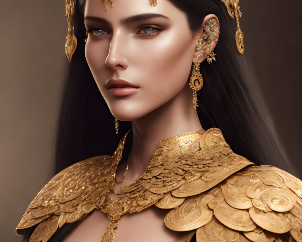 Digital artwork featuring woman with striking blue eyes and intricate golden jewelry and shoulder armor resembling feathers or scales.