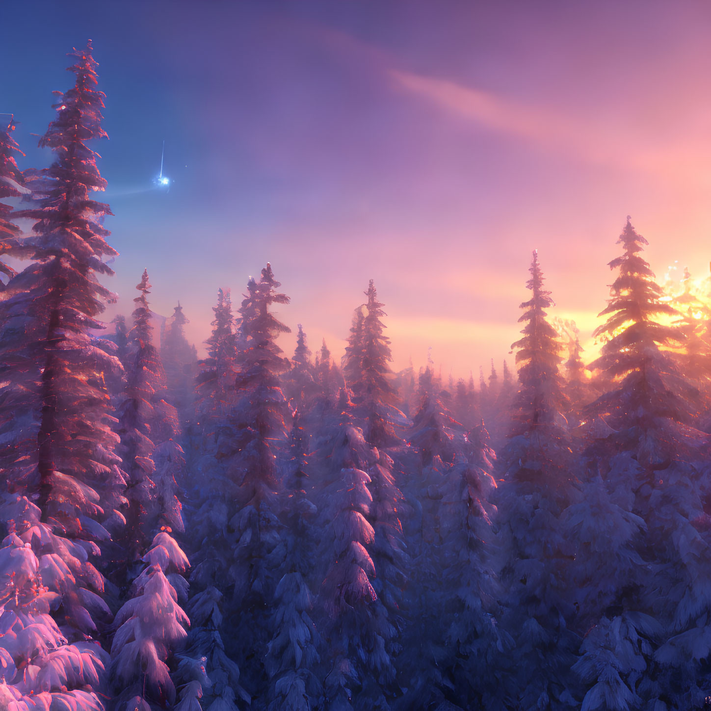 Winter scene: Snowy pine trees under pink and purple sunset with shooting star.