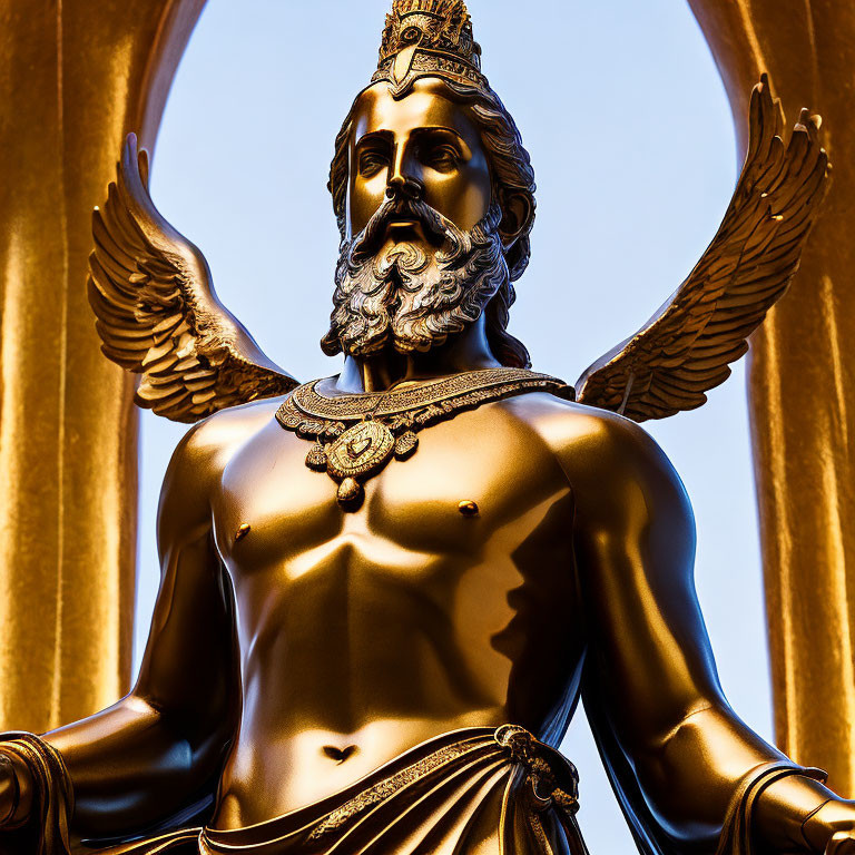 Muscular bearded man statue with wings and crown on gold background