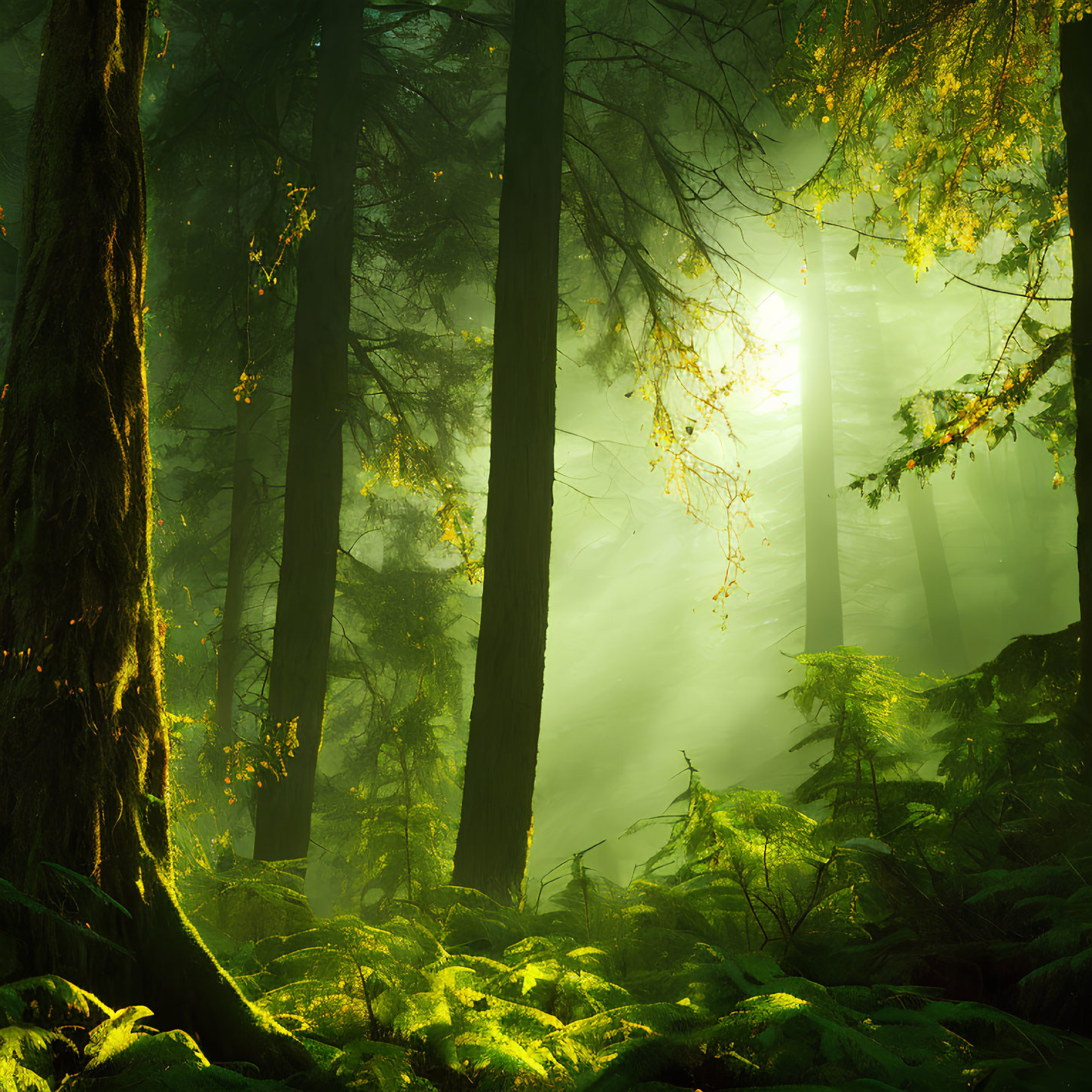 Vibrant green forest with sunlight filtering through tall trees