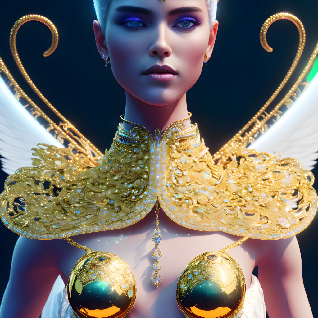 Digital artwork featuring woman with blue eyes, ornate gold collar, golden orbs, glowing wings, and