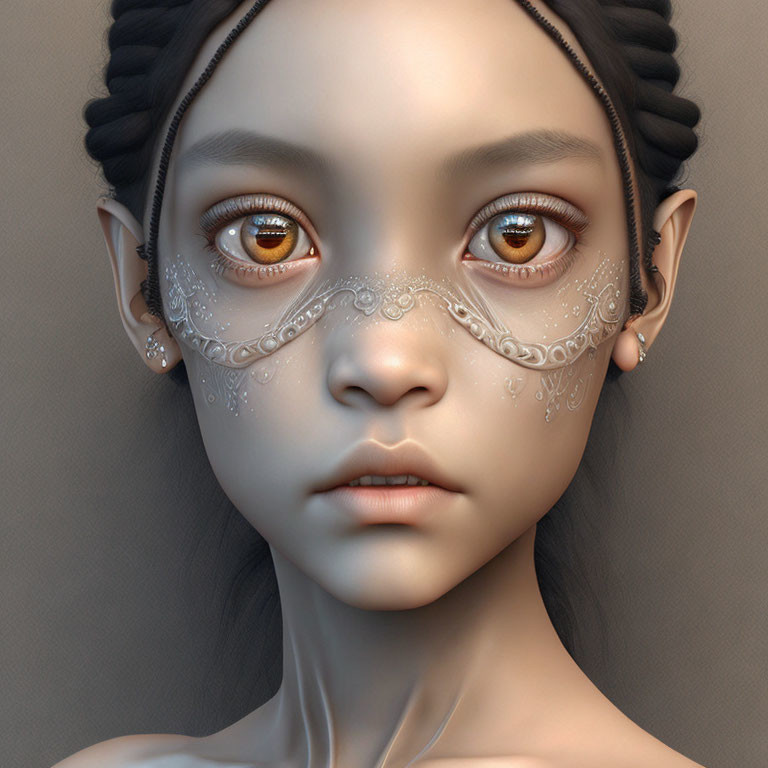 Digital portrait of a girl with brown eyes and white lace mask on neutral background