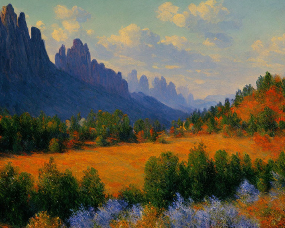 Impressionist Landscape Painting: Autumn Trees and Rocky Mountains