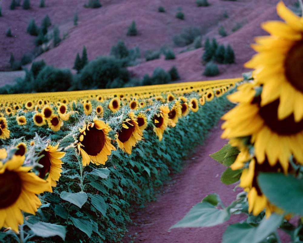 Sunflower Field at Dusk with Path, Hills, and Pink Sky