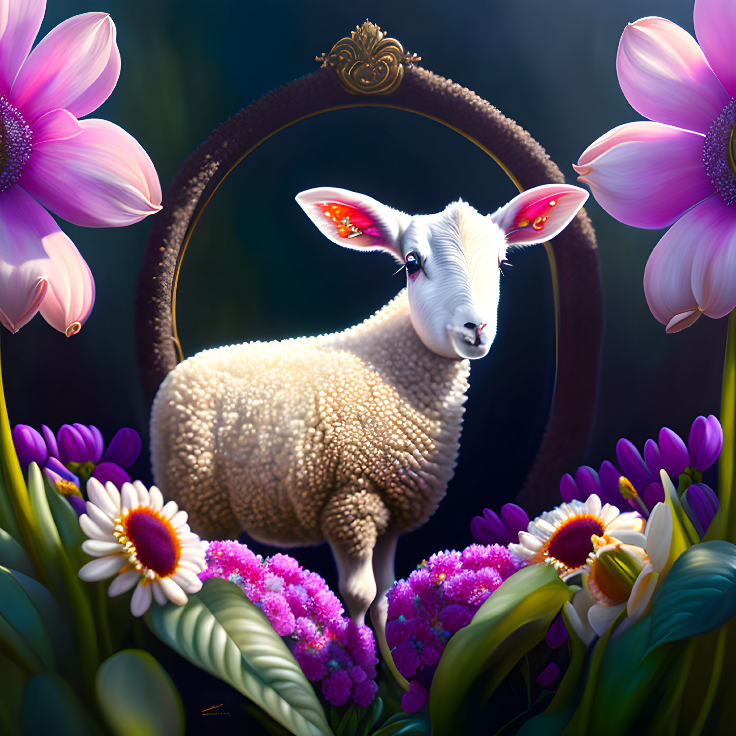 Colorful Sheep Illustration Among Pink and Purple Flowers