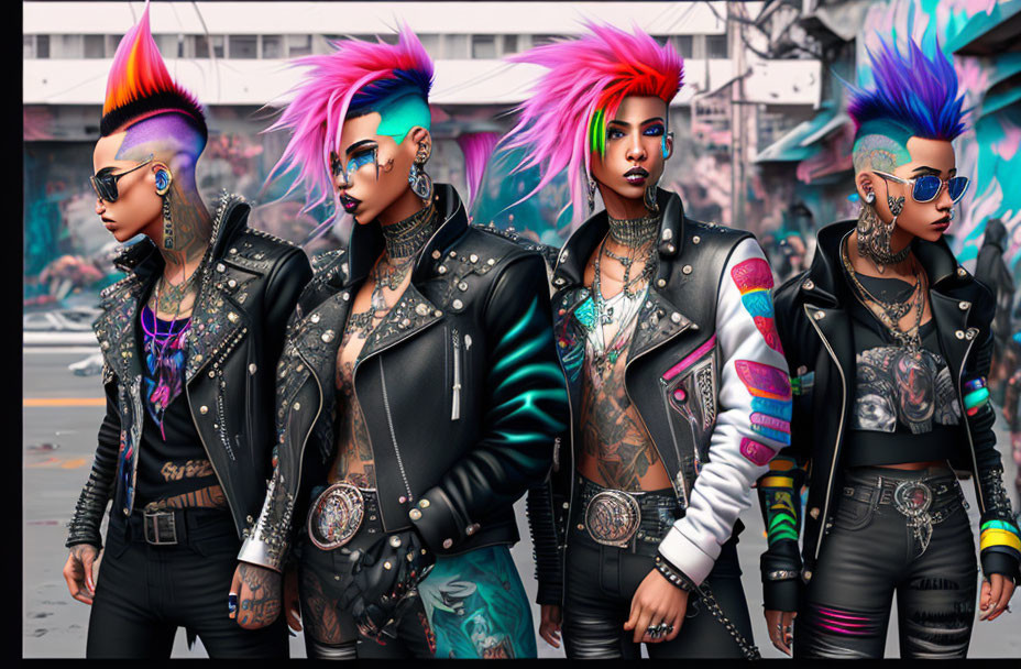 Colorful Mohawk Punk Individuals in Leather Jackets Before Graffiti Wall