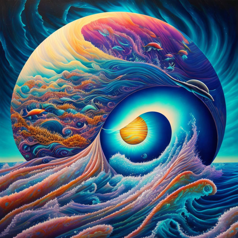 Colorful surreal wave painting with intricate patterns and oceanic elements