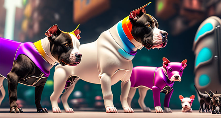 Stylized 3D-animated dogs in futuristic suits in urban setting