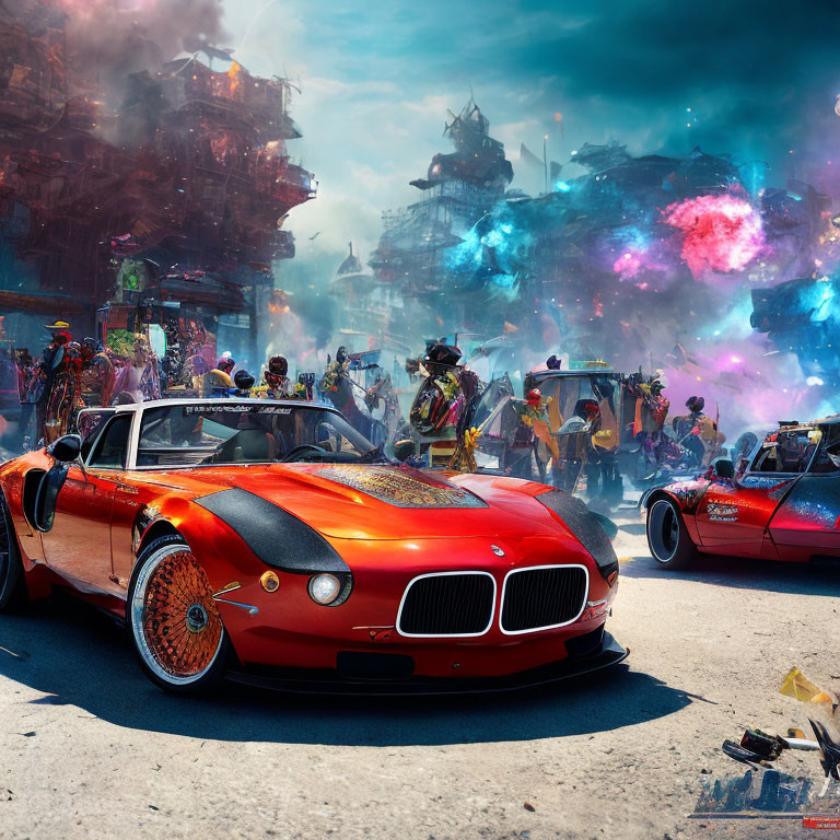 Futuristic street scene with red sports cars, eclectic attire, chaotic structures