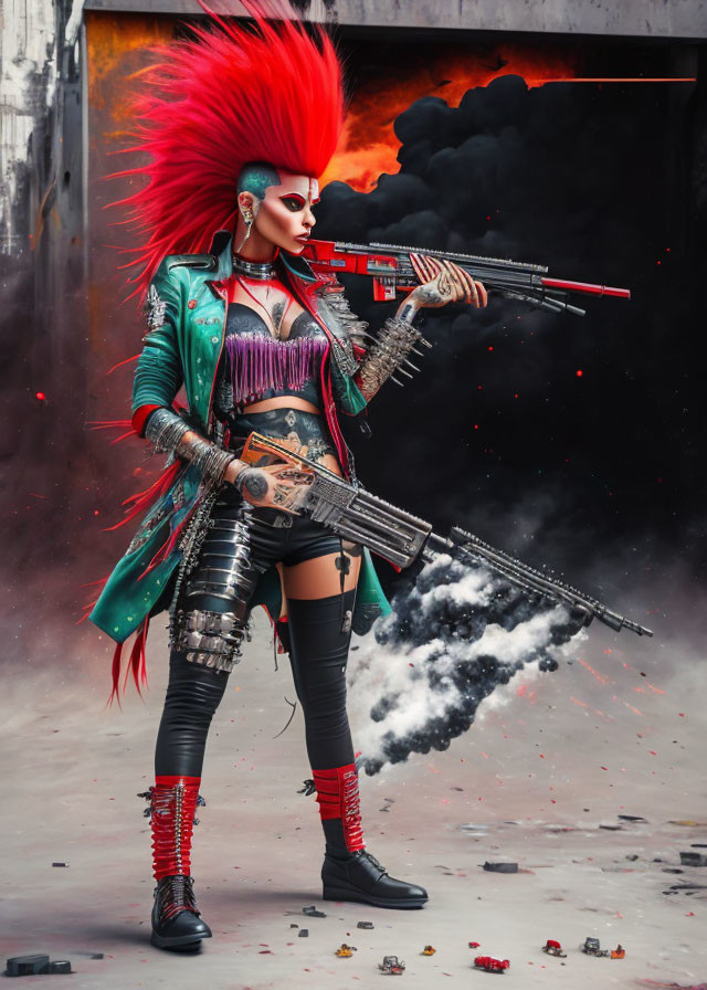 Punk woman with red mohawk fires assault rifles in explosive scene