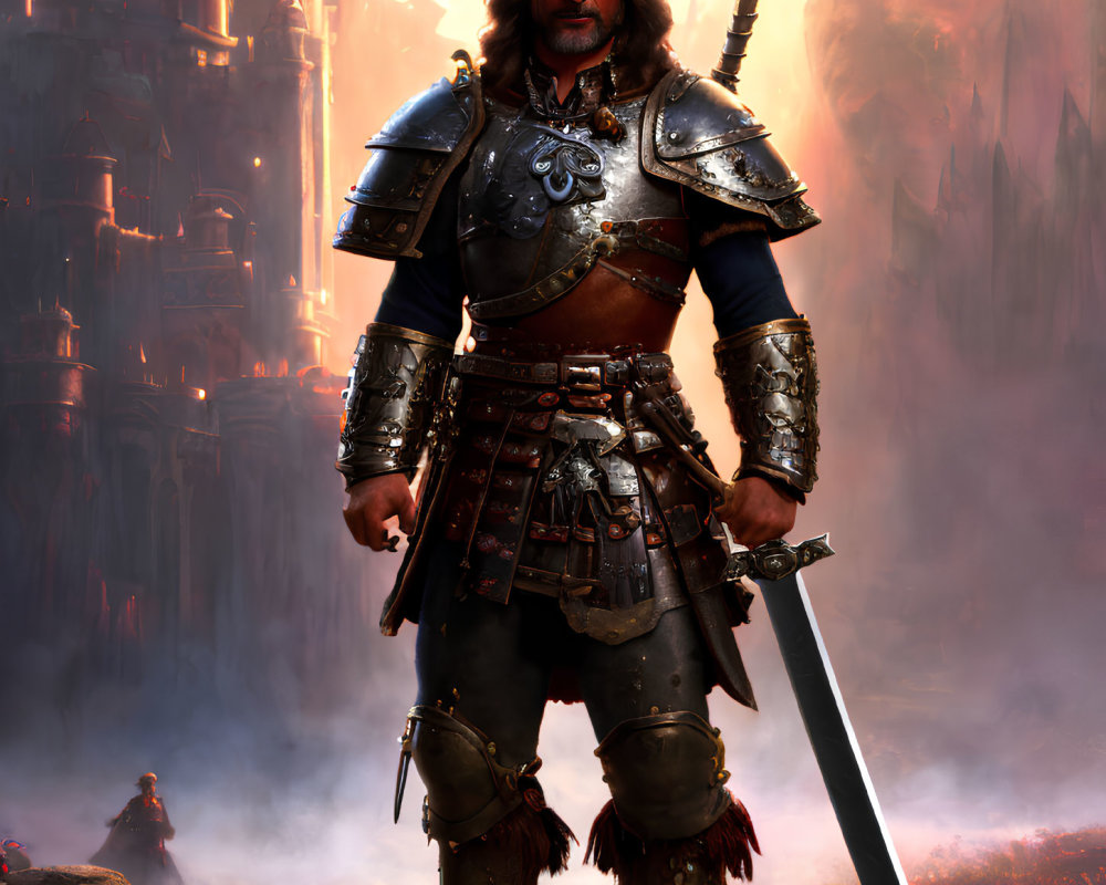 Ornate armored knight with sword in mystical castle backdrop