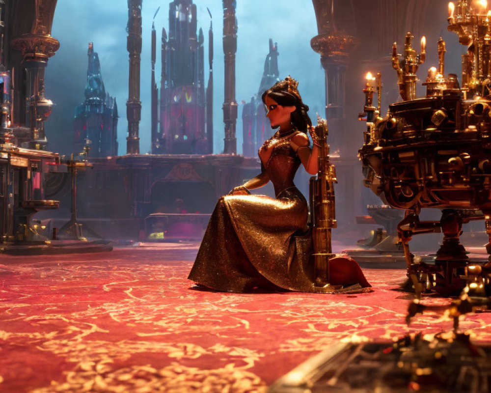 Regal gown-clad animated character in ornate throne room setting.