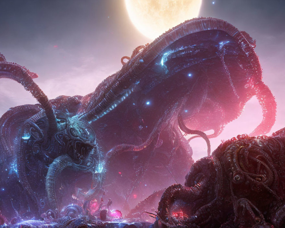 Giant Bioluminescent Tentacled Creature in Cosmic Scene