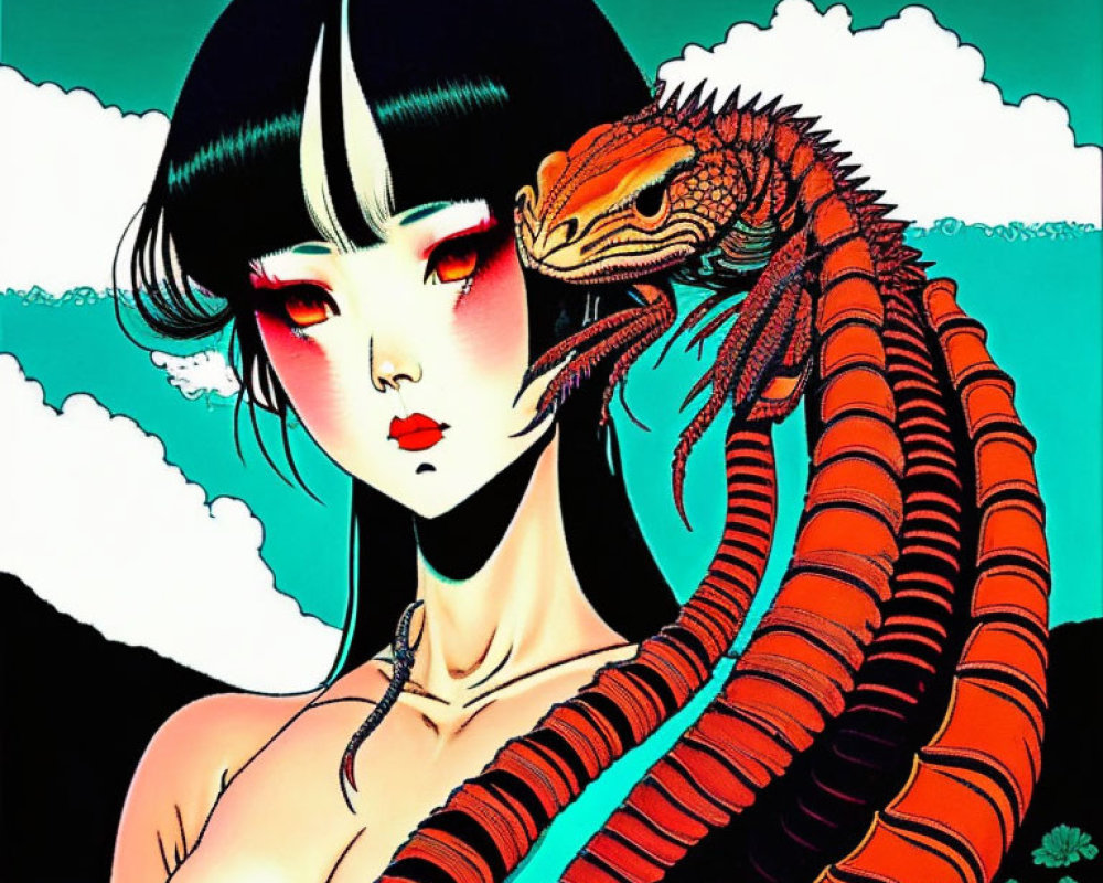 Illustrated woman with bobbed hair and vivid makeup next to a large red iguana on teal