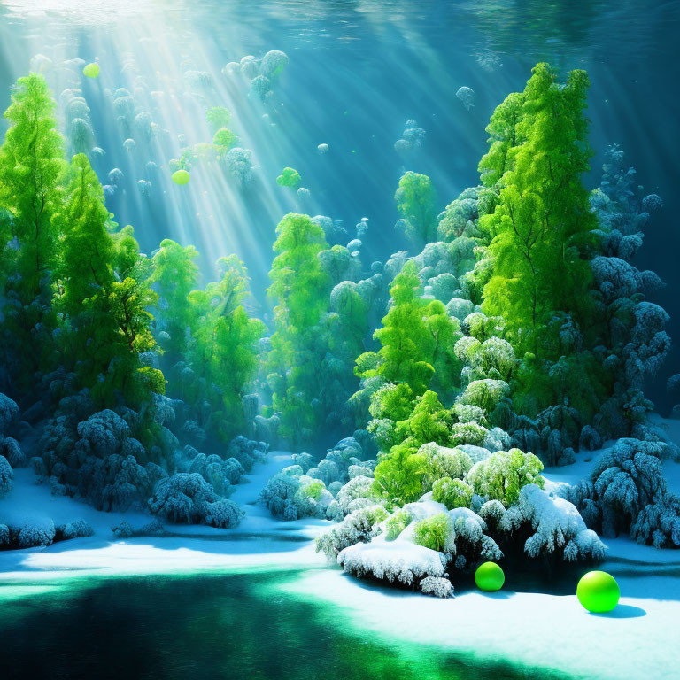 Snowy Landscape with Green Trees and Sunlight Reflections on Water