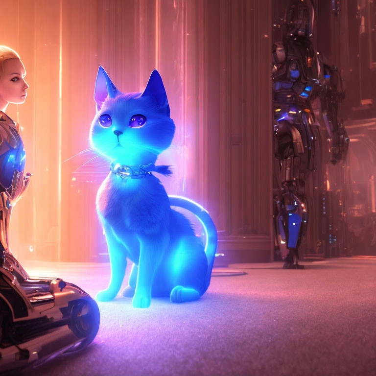 Blue cat with collar, woman, and robot in futuristic interior