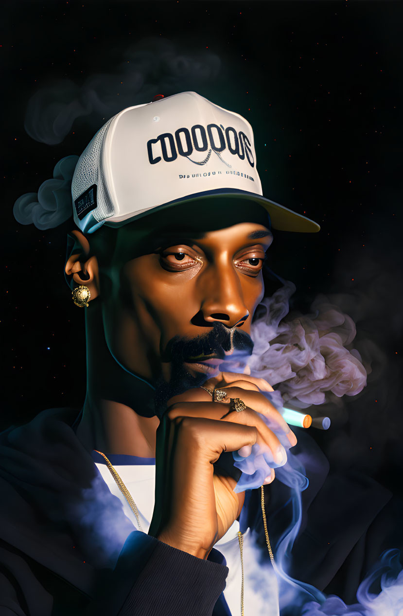 Digital portrait of man with goatee in cap smoking, surrounded by swirling smoke on starry background