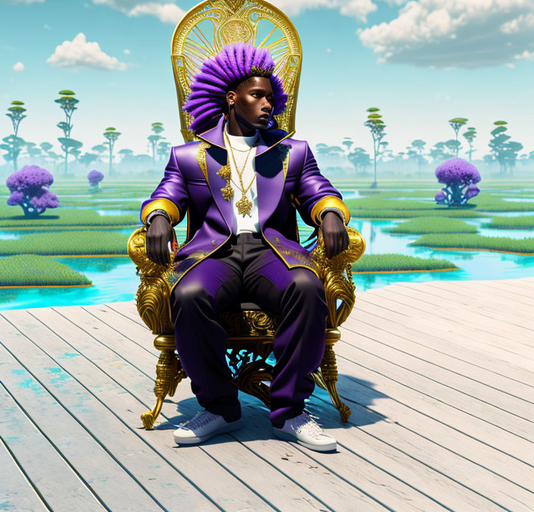 Regal figure with purple mohawk on golden throne in surreal landscape