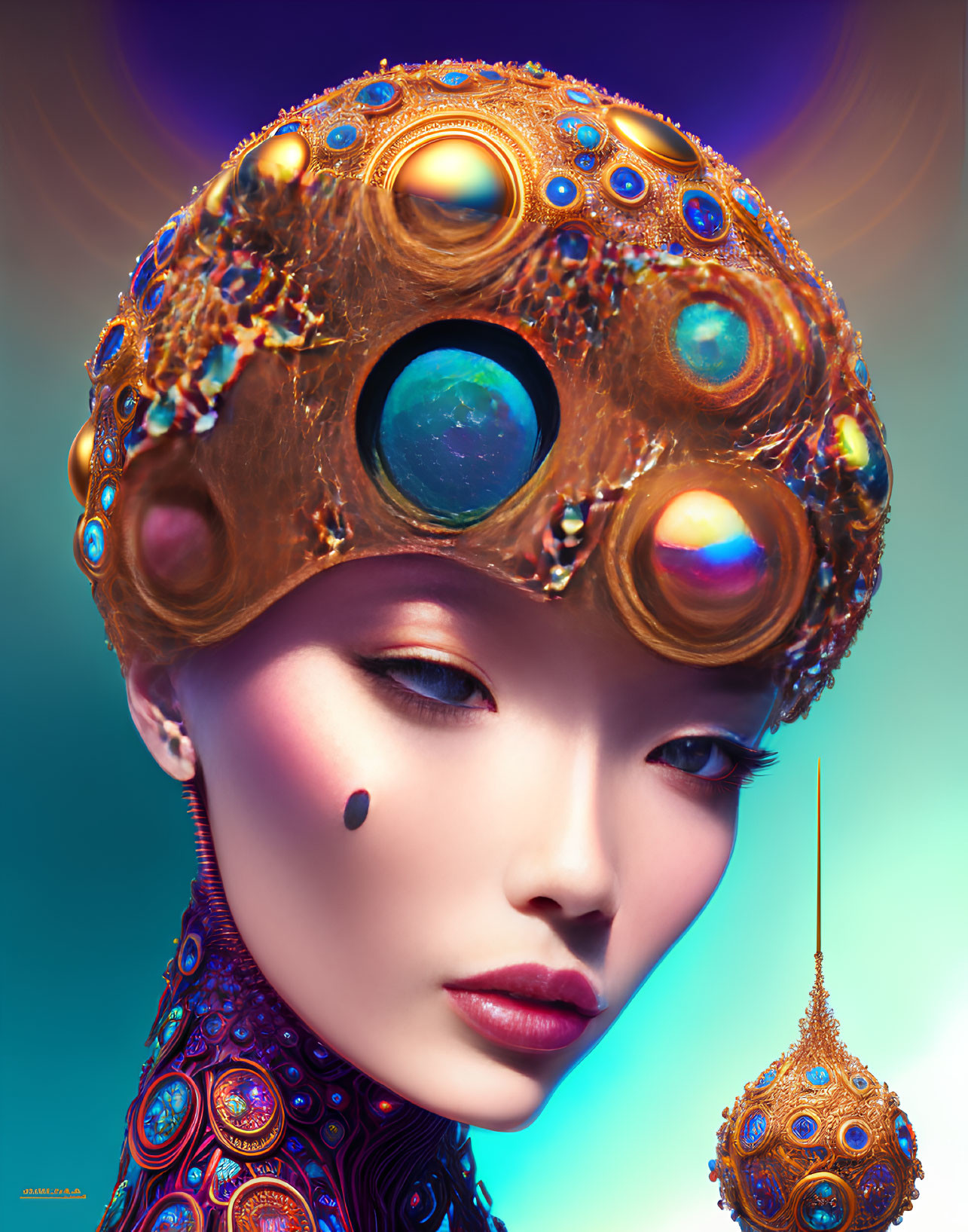 Asian woman digital artwork with celestial headdress on blue background