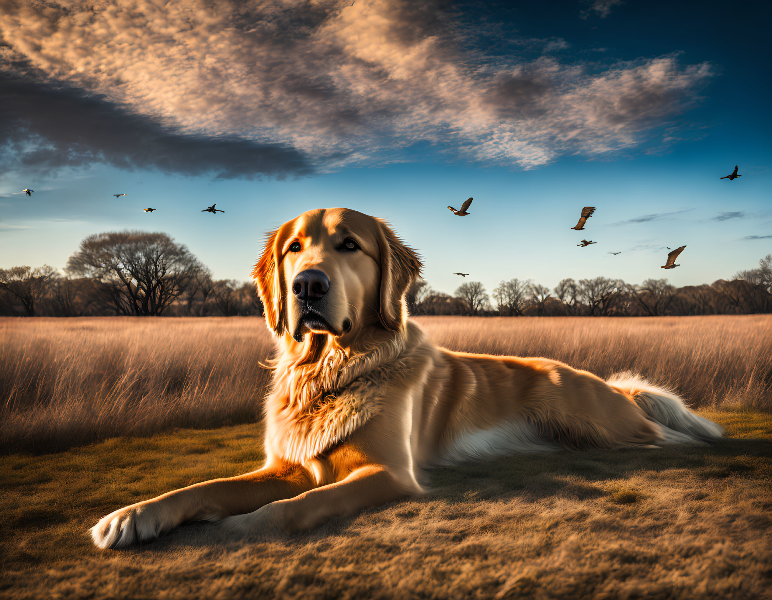 Golden Retriever Resting in Field with Tall Grass and Birds in Dramatic Sky