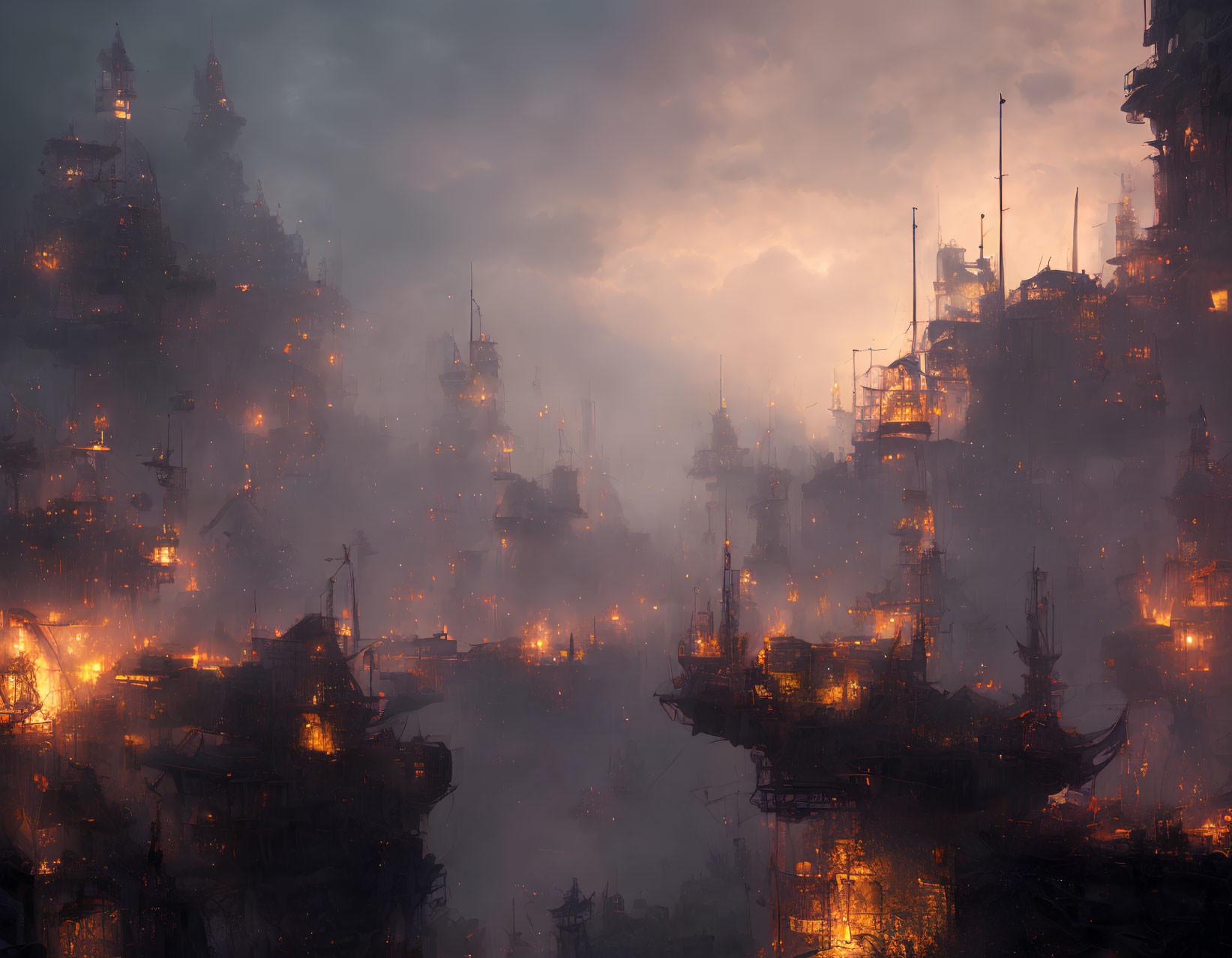 Mystical city with towering structures in ambient glow