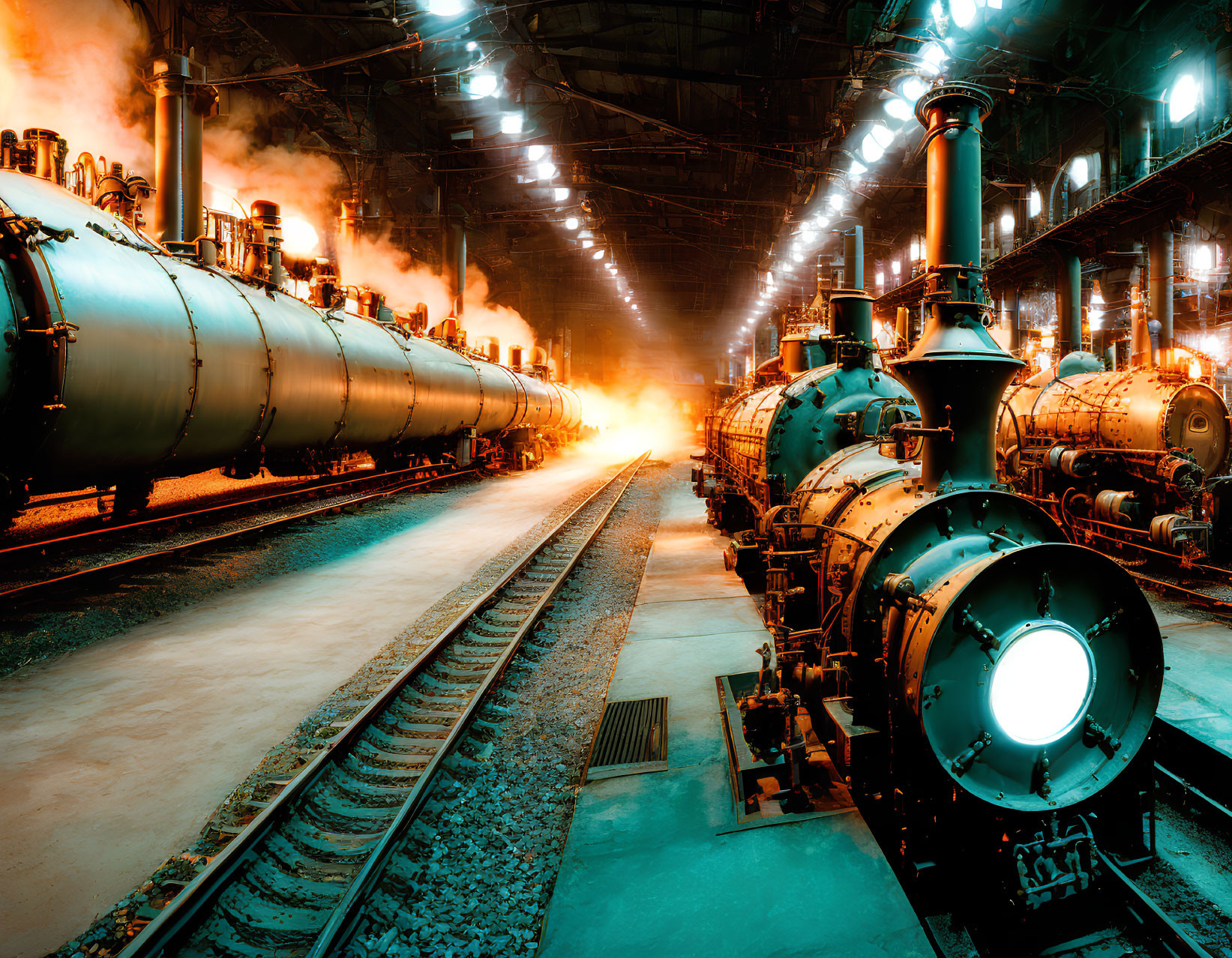 Industrial interior with pipelines, tanks, and glowing circular light in misty atmosphere