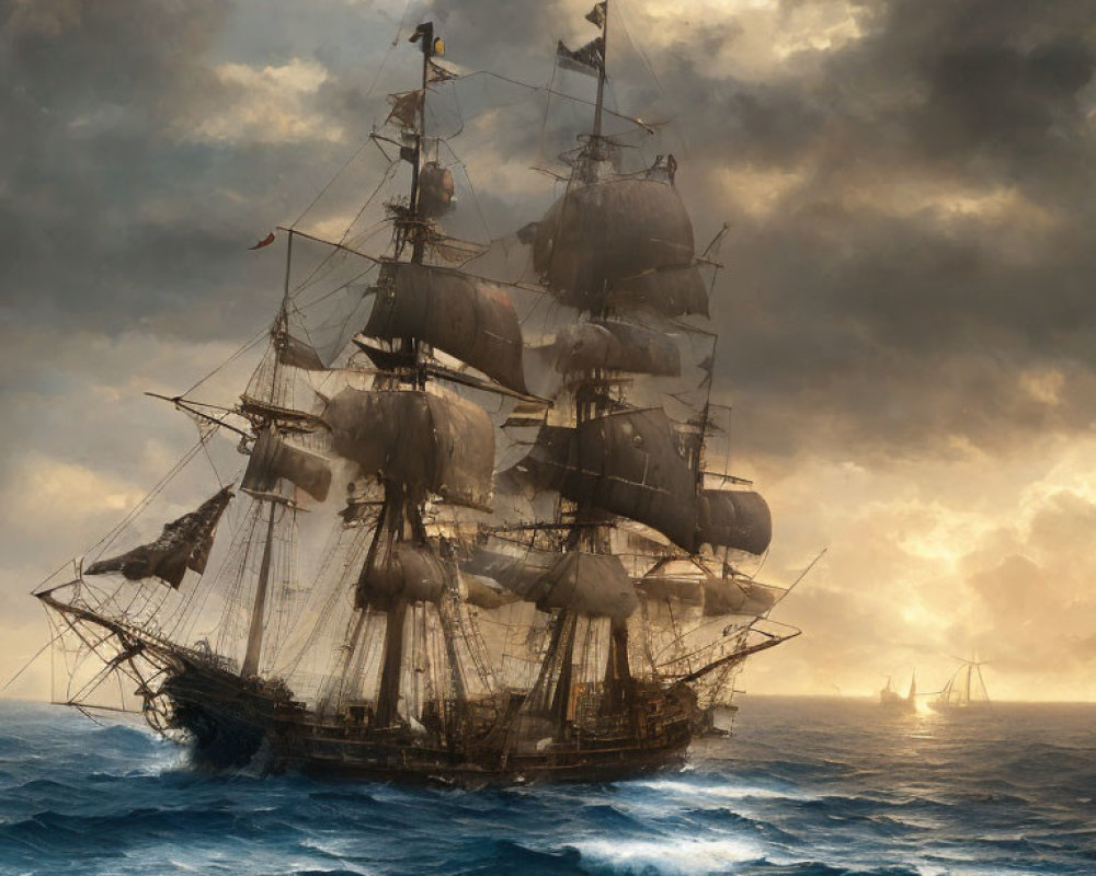 Sailing ship with billowing sails in turbulent seas under dramatic sky