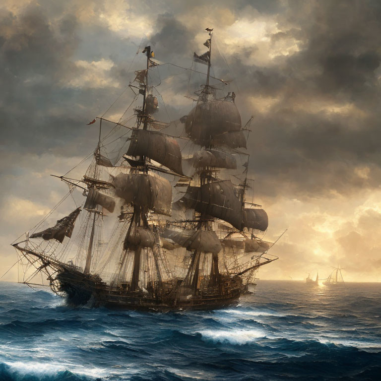 Sailing ship with billowing sails in turbulent seas under dramatic sky