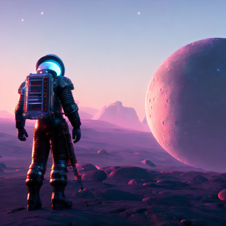 Astronaut on purple alien landscape with rocky structures and giant planet.