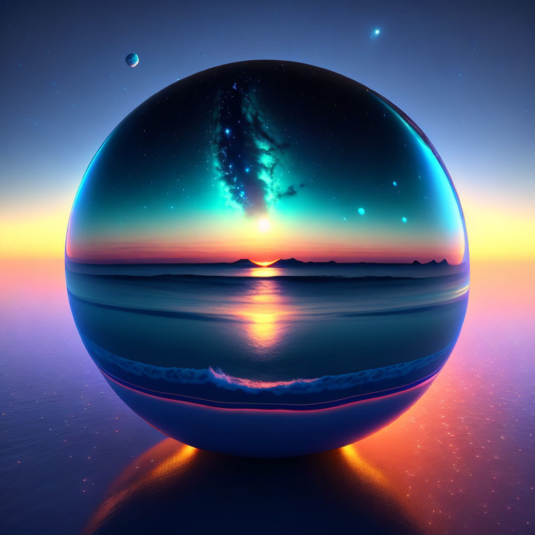 Surreal crystal ball with beach sunset, starry sky, and distant planet