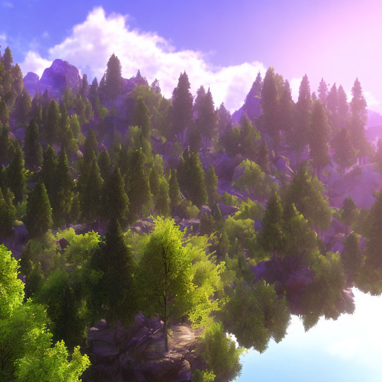 Tranquil lake reflecting lush green forest and purple sky